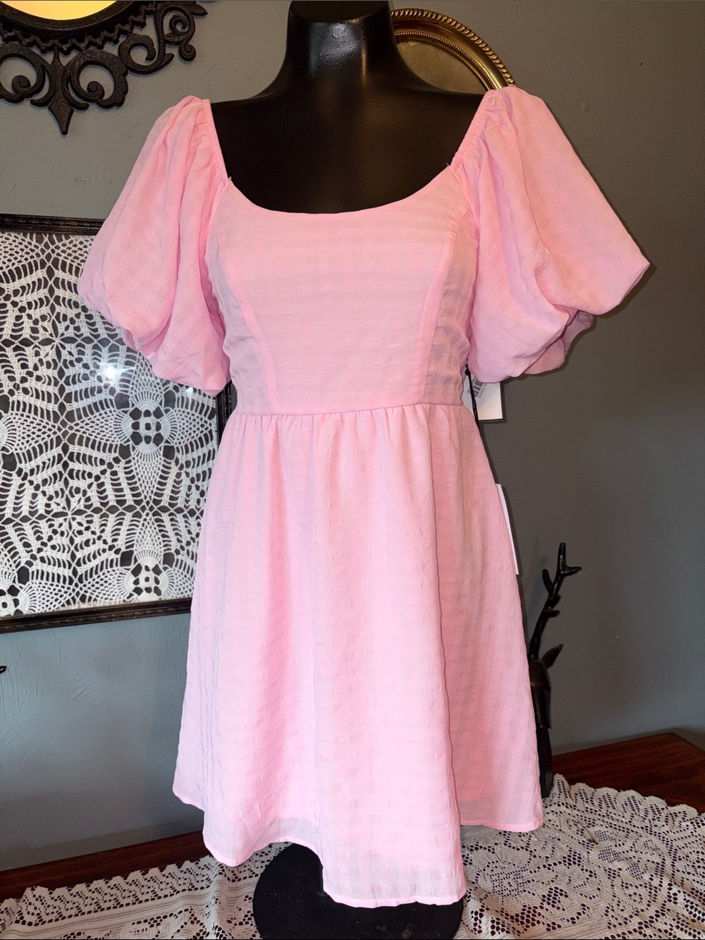 Crystal Doll Light Pink Puff-Sleeve Square Neck Mini Dress